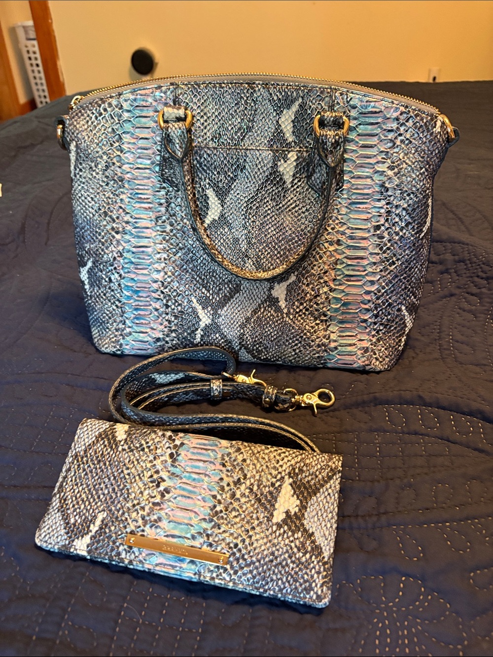 Brahmin Blue Snake-Print Satchel with Matching Ady wallet
